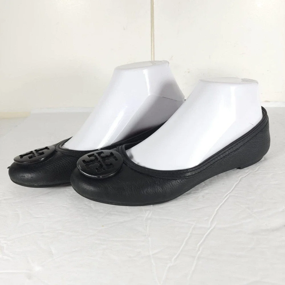 Tory Burch Women's Caroline US 7 Black Leather Logo Slip-On Flats Ballet Shoes